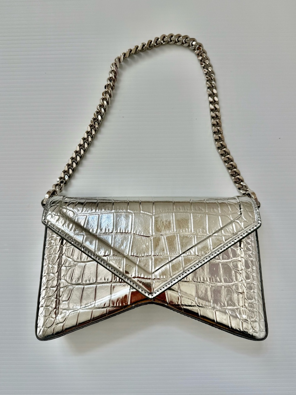 NWT Michael Kors Collection Manhatta Metallic Silver Croc Leather Bag